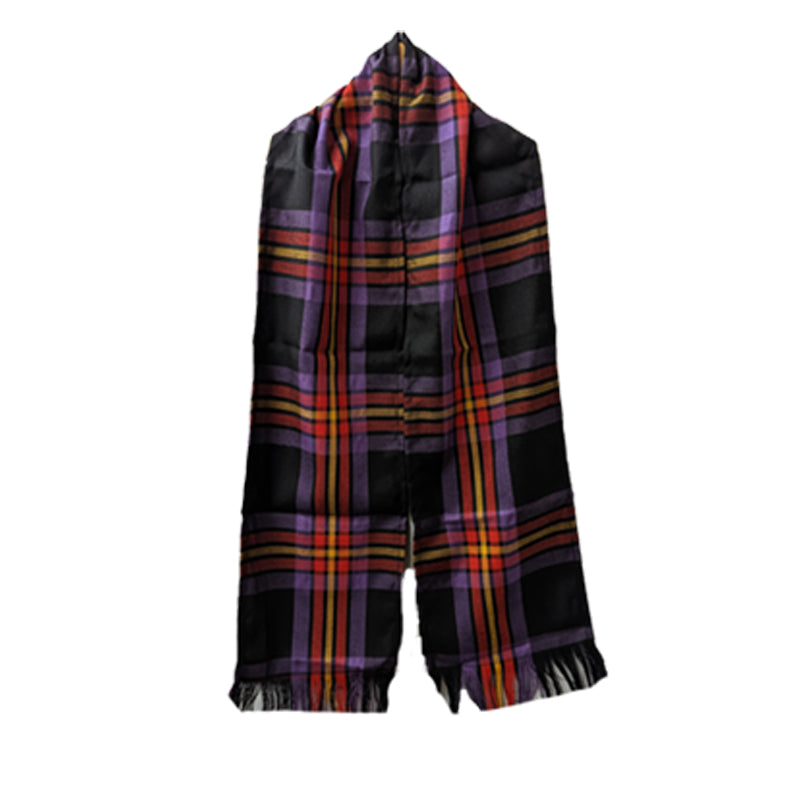 A stylish black and purple plaid scarf featuring fringes, perfect for adding warmth and flair to any outfit.