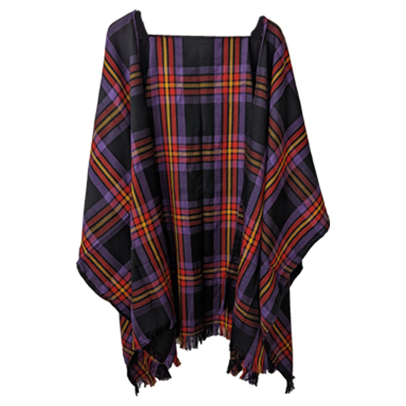 A stylish black and purple plaid shawl featuring elegant fringes, perfect for adding warmth and flair to any outfit.