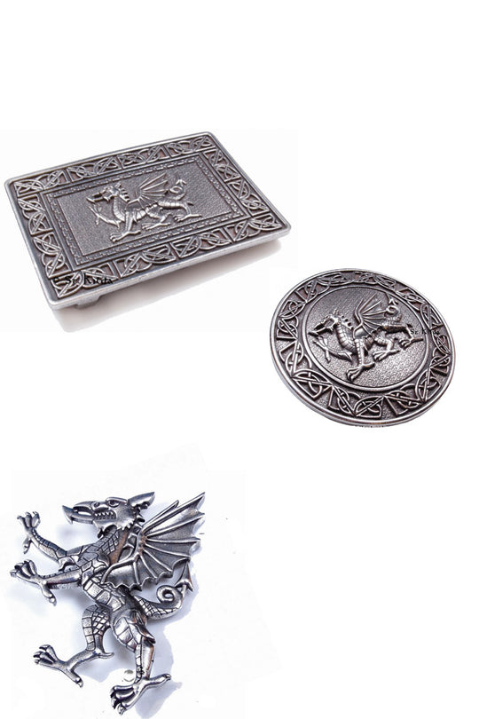 Kilt Accessory Bundle – Welsh Dragon, Brooch – Buckle – Kilt Pin