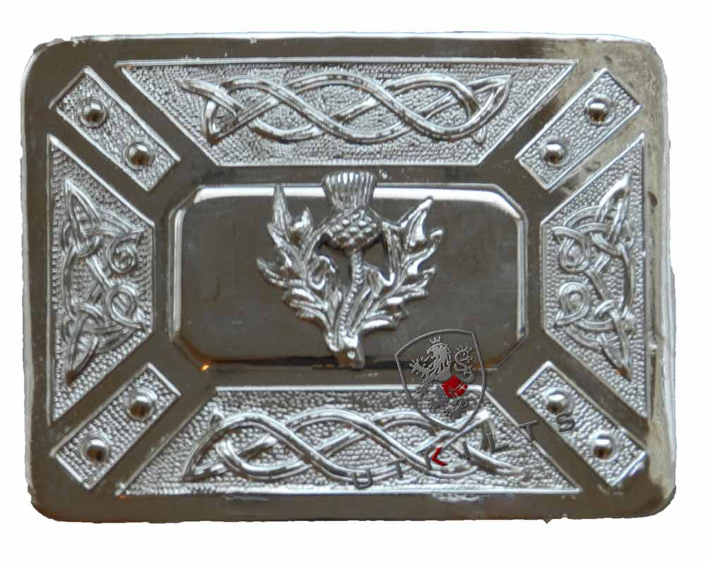 A silver belt buckle featuring an intricate thistle design, measuring 6 inches in chrome finish.