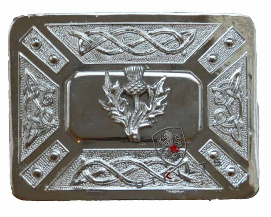 A silver belt buckle featuring an intricate thistle design, measuring 6 inches in chrome finish.