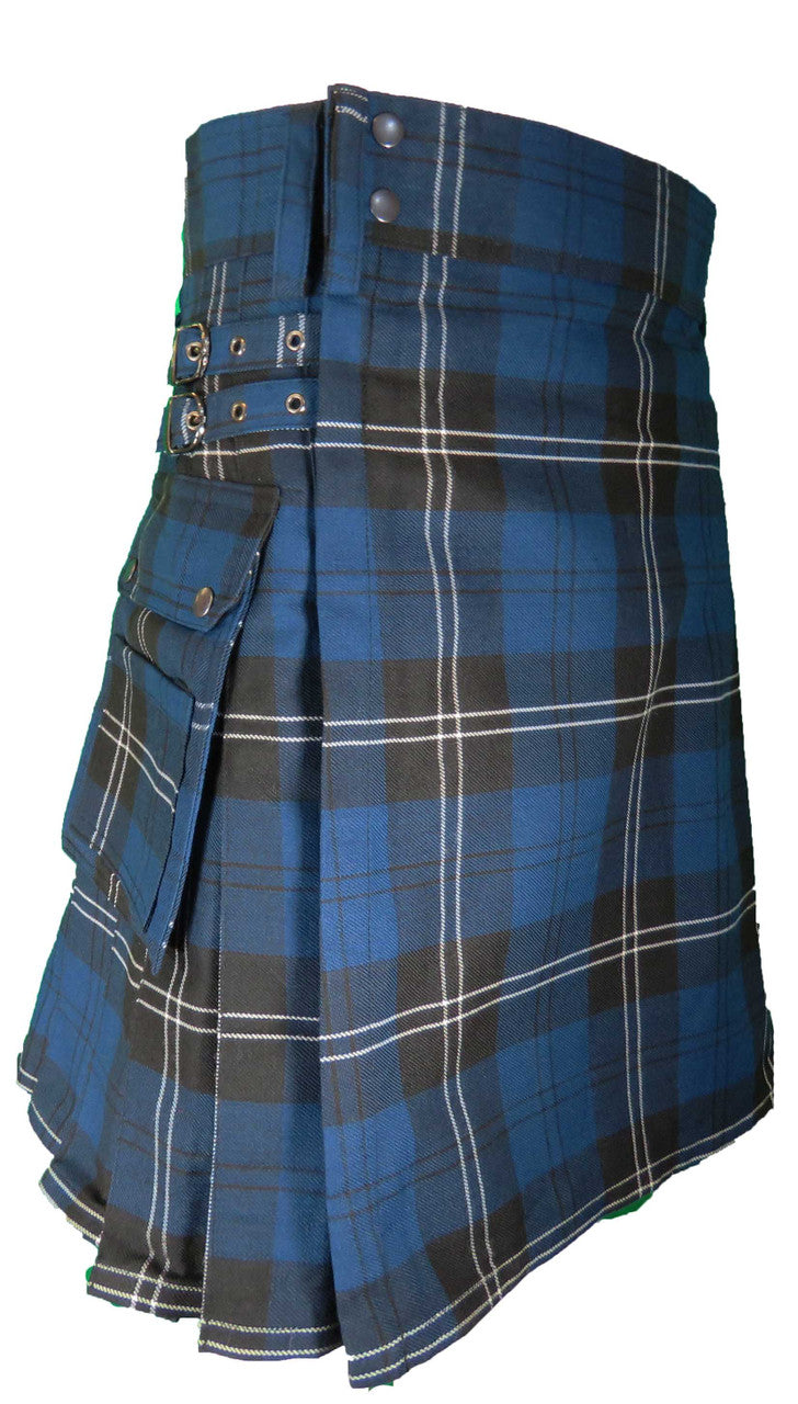 A blue and black tartan utility kilt featuring pockets, designed in the standard Ramsay Blue Tartan pattern.