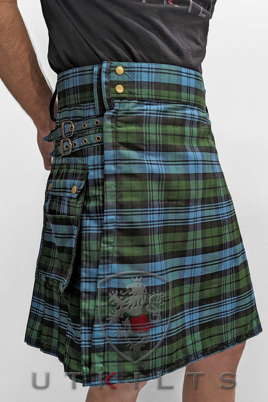 A men's kilt featuring a blue and green tartan pattern, showcasing traditional Scottish attire.