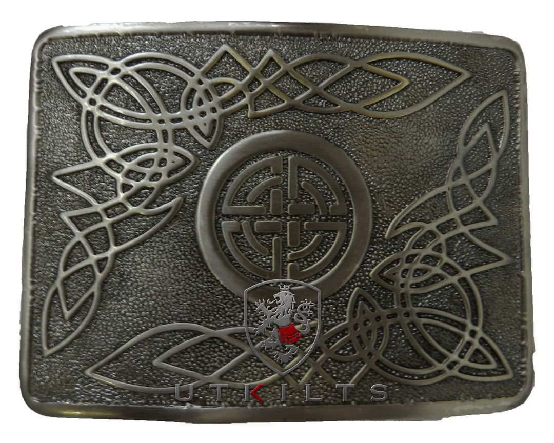 A 28 antiqued black belt buckle adorned with a detailed Celtic pattern, reflecting traditional artistry and style.