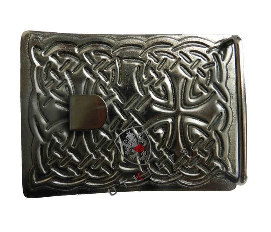 A square chrome belt buckle featuring an intricate Celtic design, showcasing craftsmanship and elegance in metalwork.
