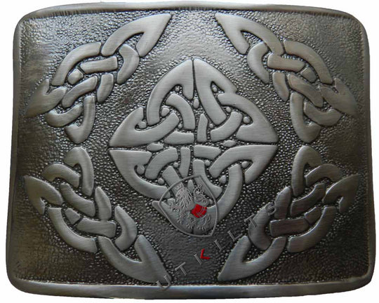 A detailed Celtic design on an antiqued black leather belt buckle, showcasing intricate patterns and craftsmanship.