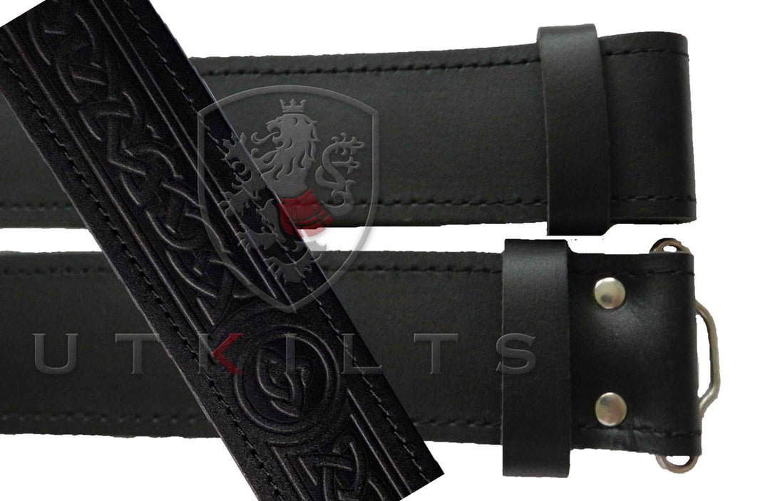 Kilt Belt – Black Leather, Celtic Knot Embossed Finish