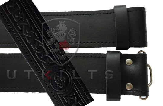 Kilt Belt – Black Leather, Celtic Knot Embossed Finish