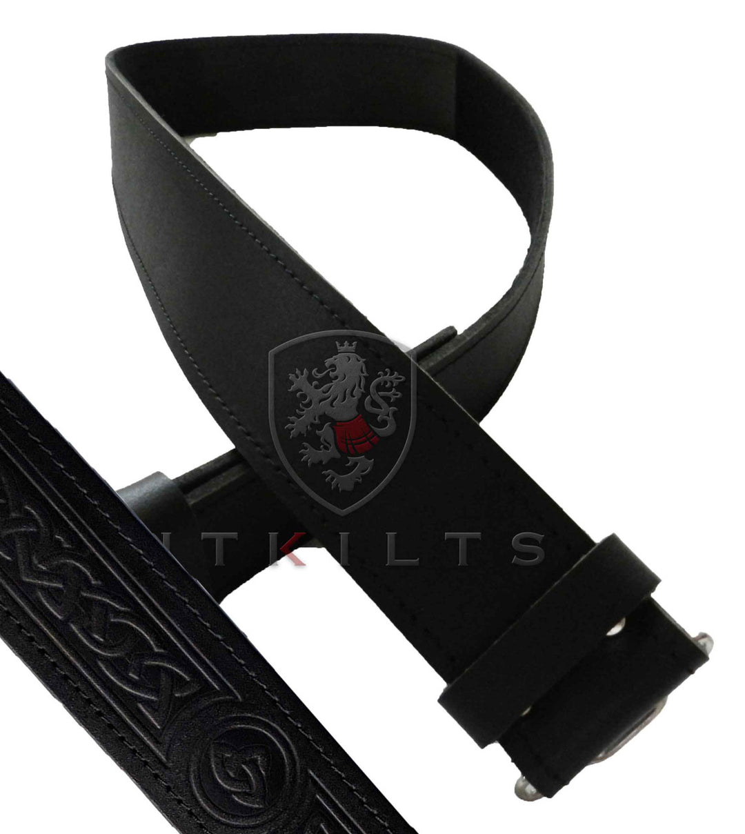 A black leather kilt belt featuring an embossed Celtic knot design, showcasing intricate craftsmanship and style.