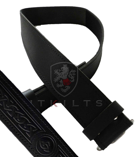 A black leather kilt belt featuring an embossed Celtic knot design, showcasing intricate craftsmanship and style.
