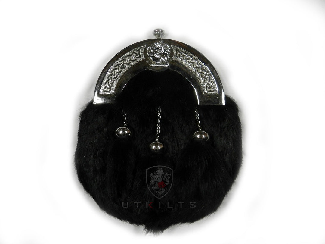 A sophisticated black fur sporran adorned with a silver buckle and chain, perfect for formal events and traditional attire.