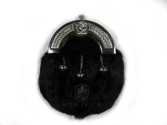 A sophisticated black fur sporran adorned with a silver buckle and chain, perfect for formal events and traditional attire.