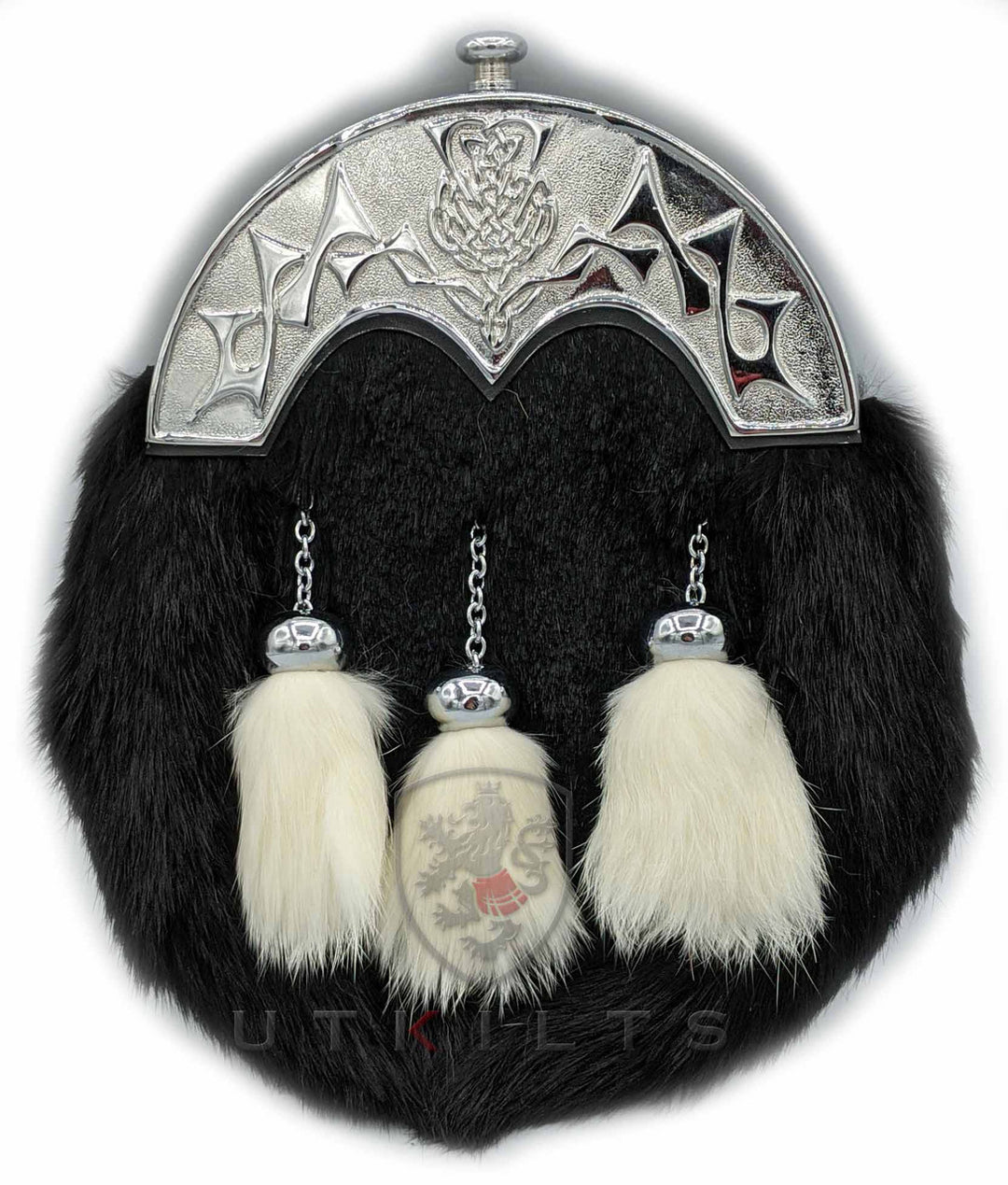 Elegant black and white fur sporran with two tassels, ideal for formal occasions such as weddings.