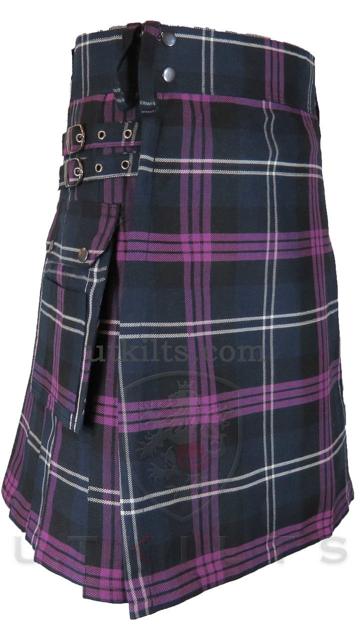 A purple and black plaid kilt, showcasing the front side of a Standard Heritage of Scotland Tartan Utility Kilt.