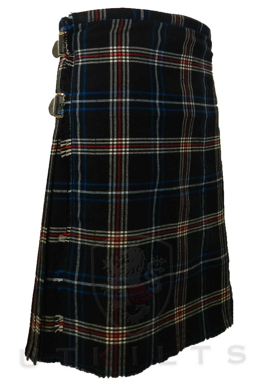 Front view of a premium 16oz wool tartan kilt in black and red.