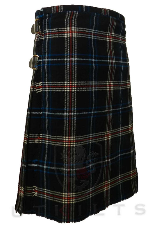 Front view of a premium 16oz wool tartan kilt in black and red.