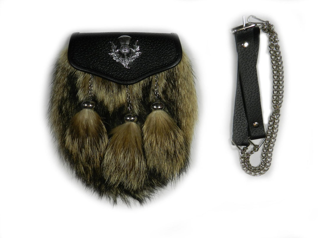 A black and brown fur pouch featuring a chain, elegantly designed for style and functionality.
