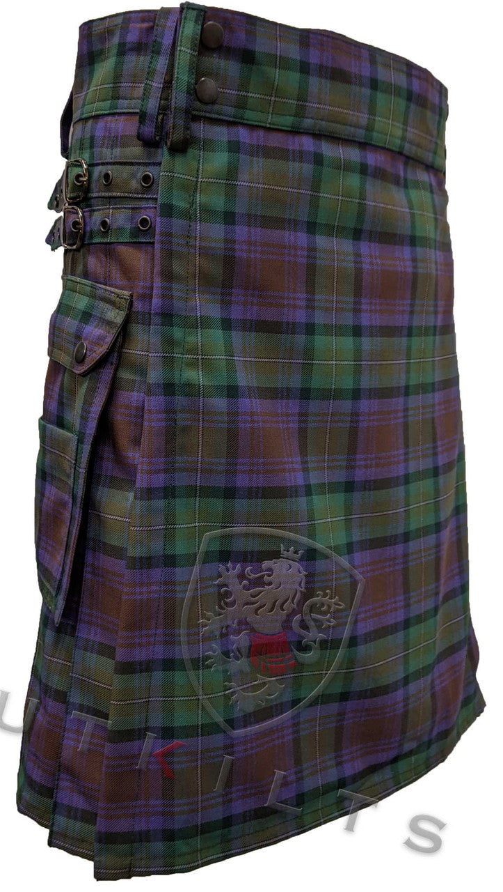 Front side of a utility kilt showcasing a vibrant purple and green tartan pattern, complete with functional pockets.