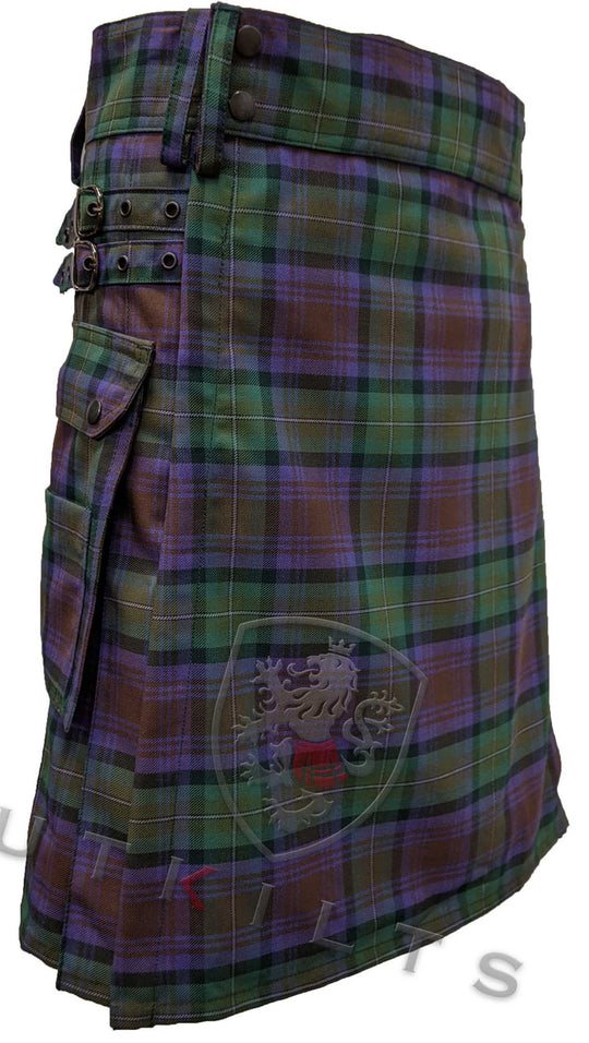 Front side of a utility kilt showcasing a vibrant purple and green tartan pattern, complete with functional pockets.