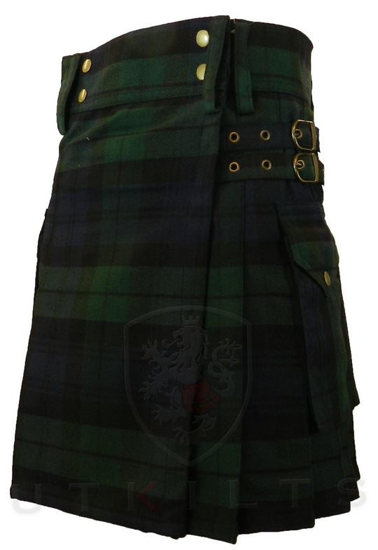 Ladies Standard Black Watch Tartan Utility Kilt displayed from the front, featuring a striking green and black pattern with a black belt.