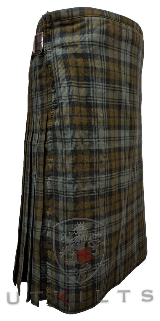 A stylish Premium Black Watch Weathered kilt with a distinctive plaid pattern, constructed from robust 16oz wool tartan.
