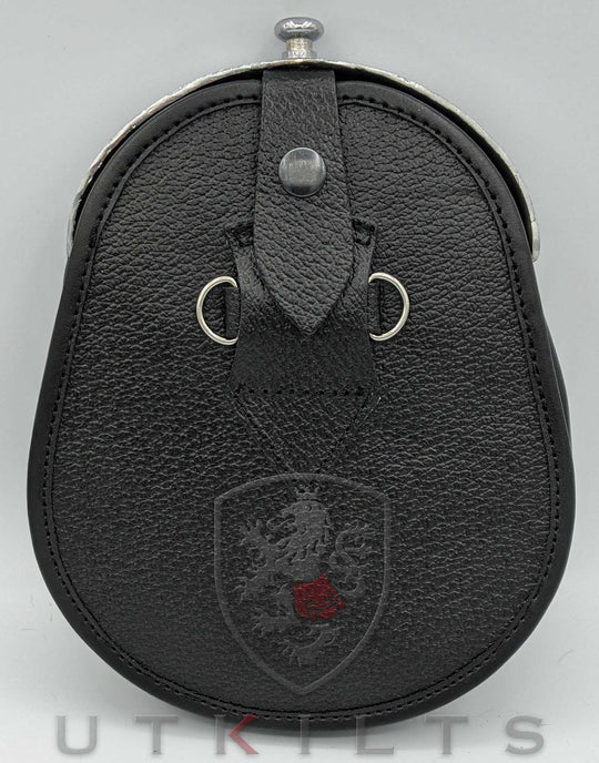 Kilt Sporran – Dress, Thistle Cantle Black Fur with White Tassels