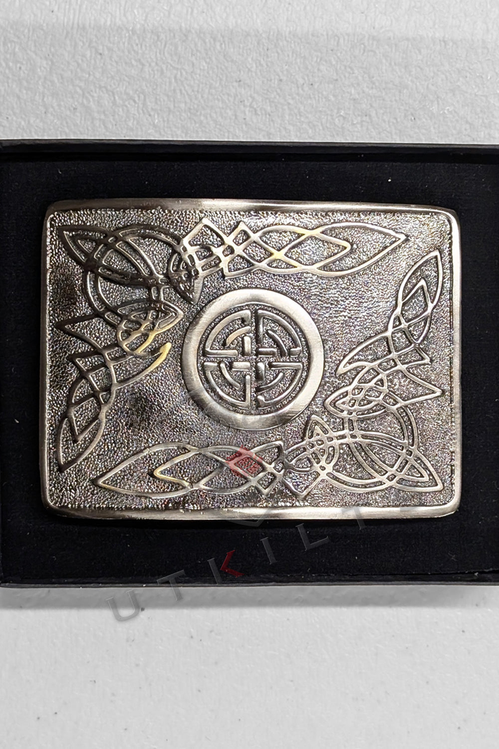 CLEARANCE! Kilt Buckle – Heritage, Celtic Shield Knot Antiqued Black with Brass Tones
