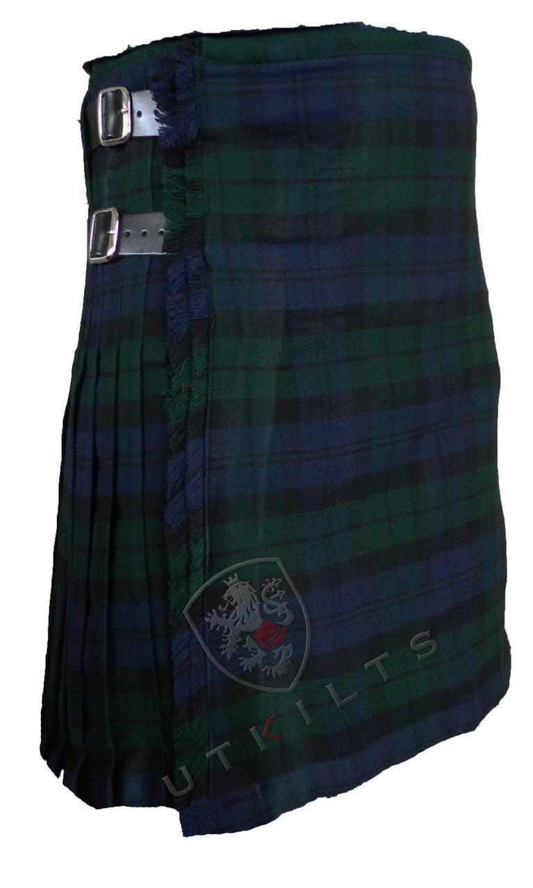 Green and black tartan kilt with buckles, showcasing the traditional Black Watch design in durable acrylic fabric.
