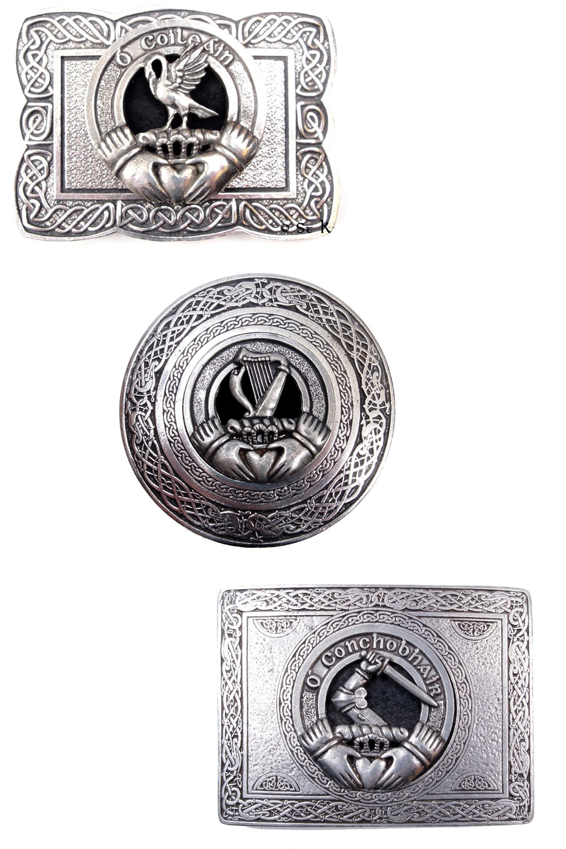 A collection of three metal belt buckles, showcasing various designs, including a Premium Irish Clan Crest model.