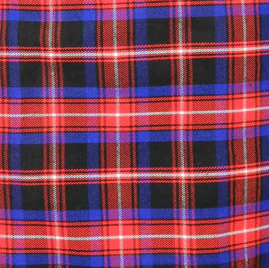 Detailed close-up of a plaid fabric featuring red, blue, and black colors, highlighting its woven texture.