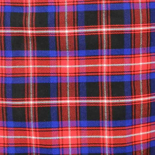 Detailed close-up of a plaid fabric featuring red, blue, and black colors, highlighting its woven texture.