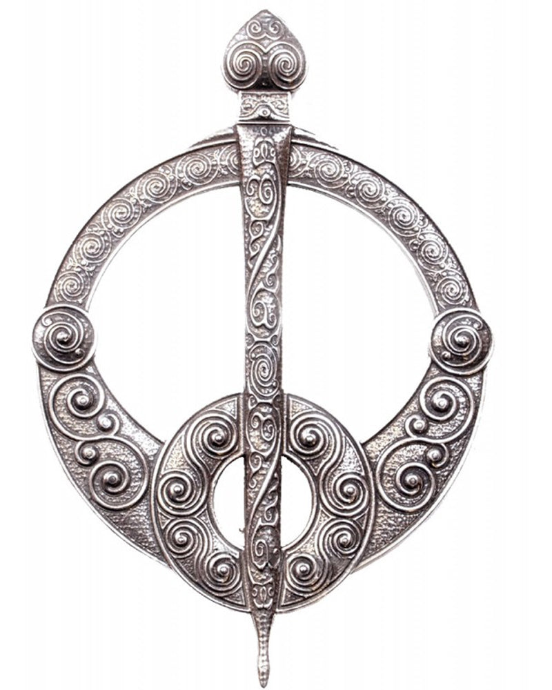 A silver metal brooch with a circular motif, representing the exquisite craftsmanship of the Battersea Celtic Penannular style.