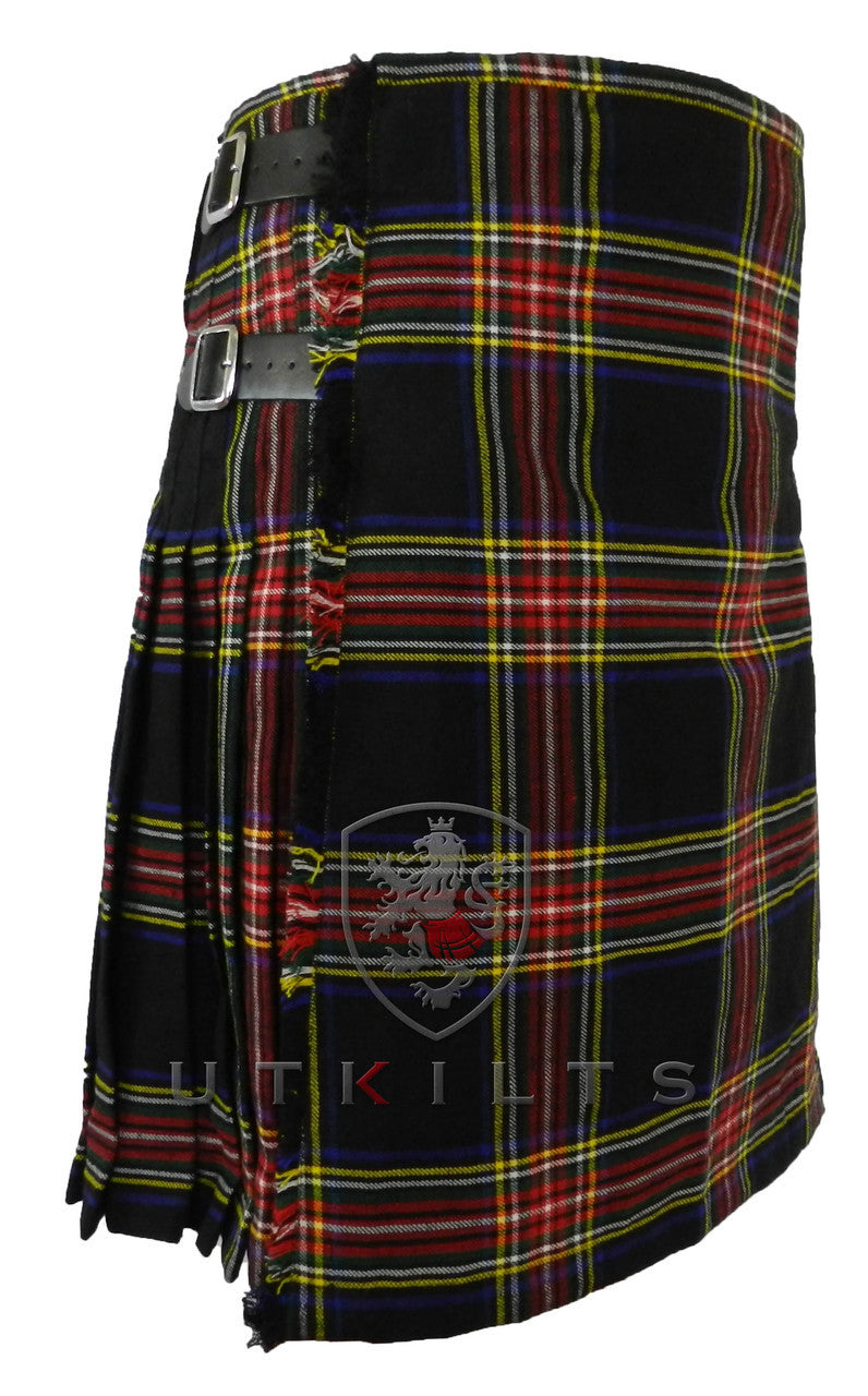 A black and red tartan kilt featuring the Black Stewart pattern, complemented by a classic black belt.