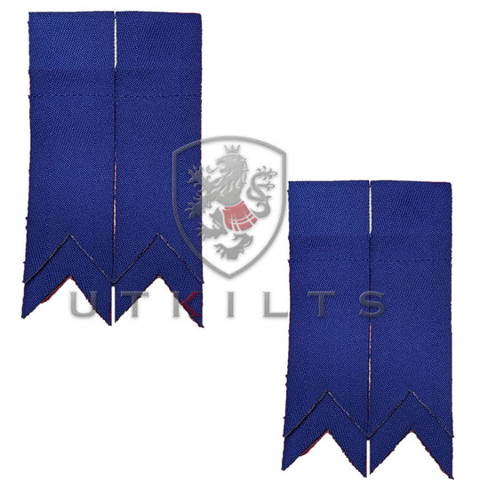 Two vibrant cloth ties in blue complemented by solid blue kilt flashes for added flair.
