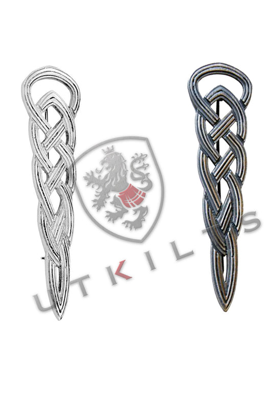 A pair of Celtic knot pins featuring braided designs