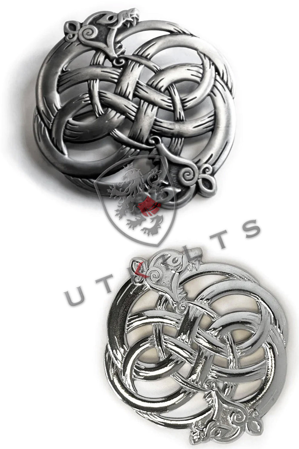 A detailed Celtic knot brooch featuring intricate interwoven patterns, showcasing traditional craftsmanship and design.