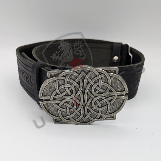 A premium black belt featuring an intricate Celtic design, complemented by a traditional buckle for an elegant finish.