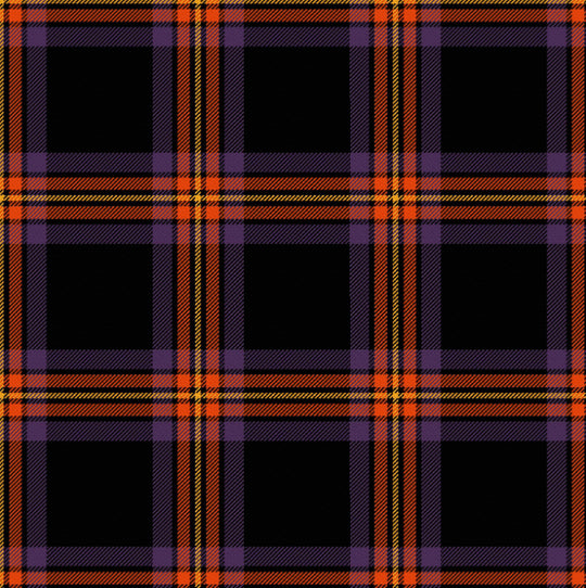 A vibrant plaid pattern featuring shades of purple, orange, and black, creating a striking visual texture.

