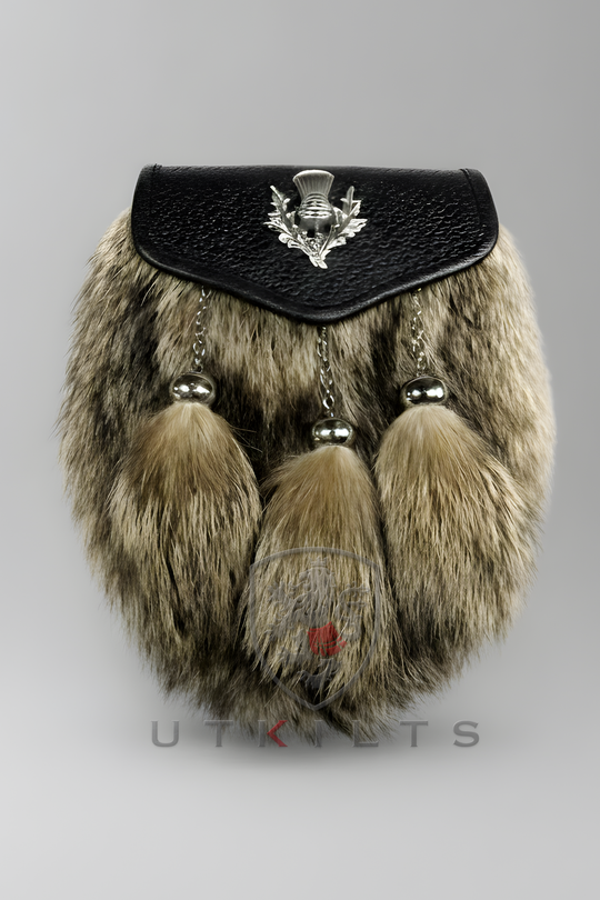 Kilt Sporran – Semi-Dress, Coyote Fur Thistle Badge