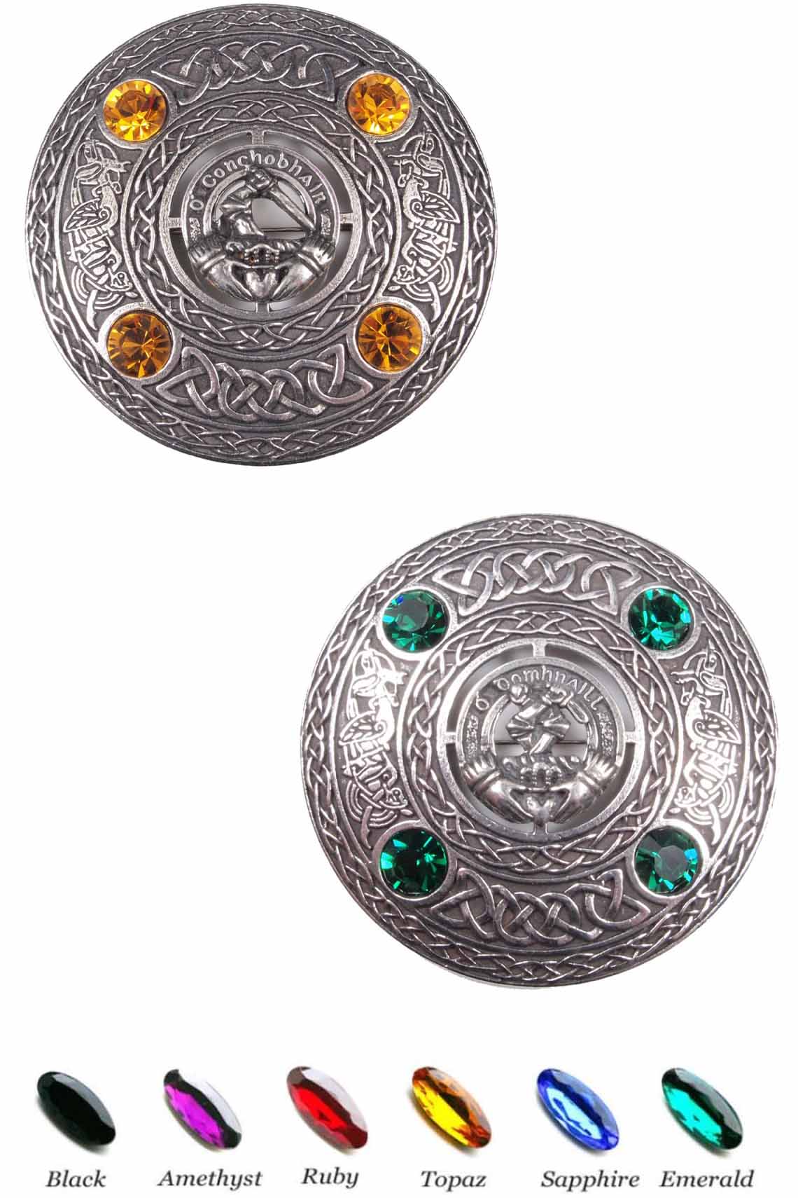 Two silver metal belt buckles featuring distinct colored stones, showcasing a Special Order Premium Irish Clan Crest Brooch design.