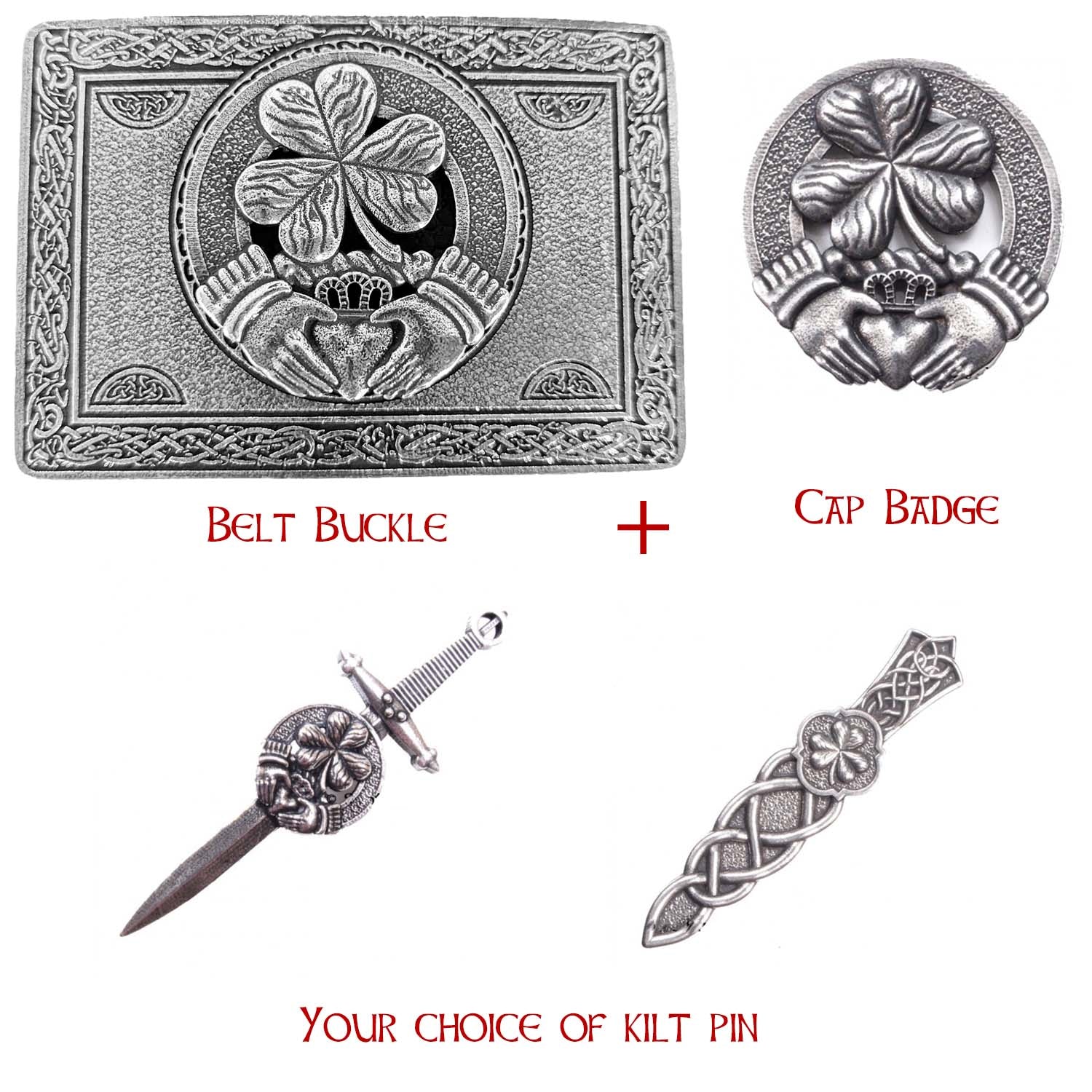 A collection of four Celtic items: a knife, belt buckle, cap badge, and shamrock pin, showcasing Irish heritage and craftsmanship.