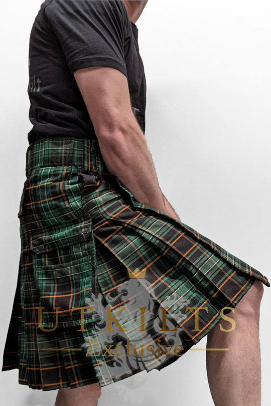 CLEARANCE! Ultimate Irish Black Tartan Utility Kilt with Comfort Waist - 50x20