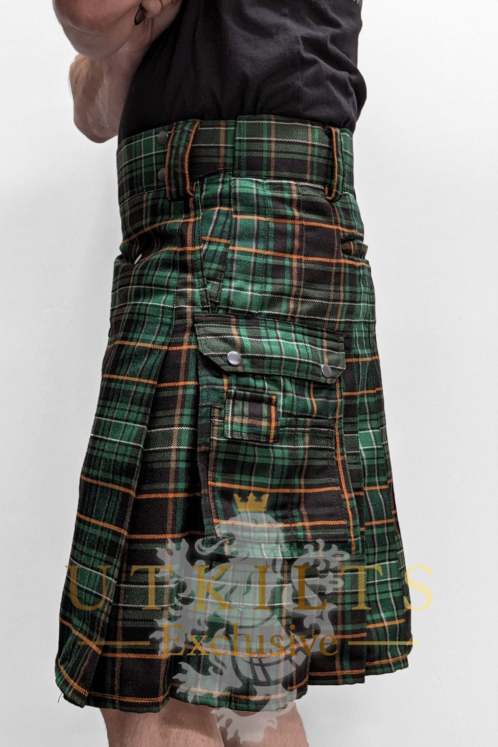 CLEARANCE! Ultimate Irish Black Tartan Utility Kilt with Comfort Waist - 50x20