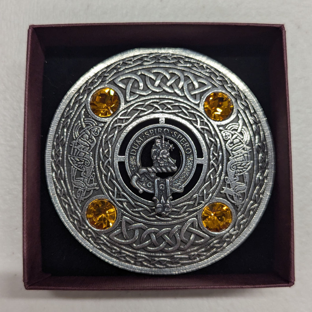 A beautifully crafted silver and gold Celtic buckle with a Celtic design, highlighting the MacLennan Scottish Clan Crest.