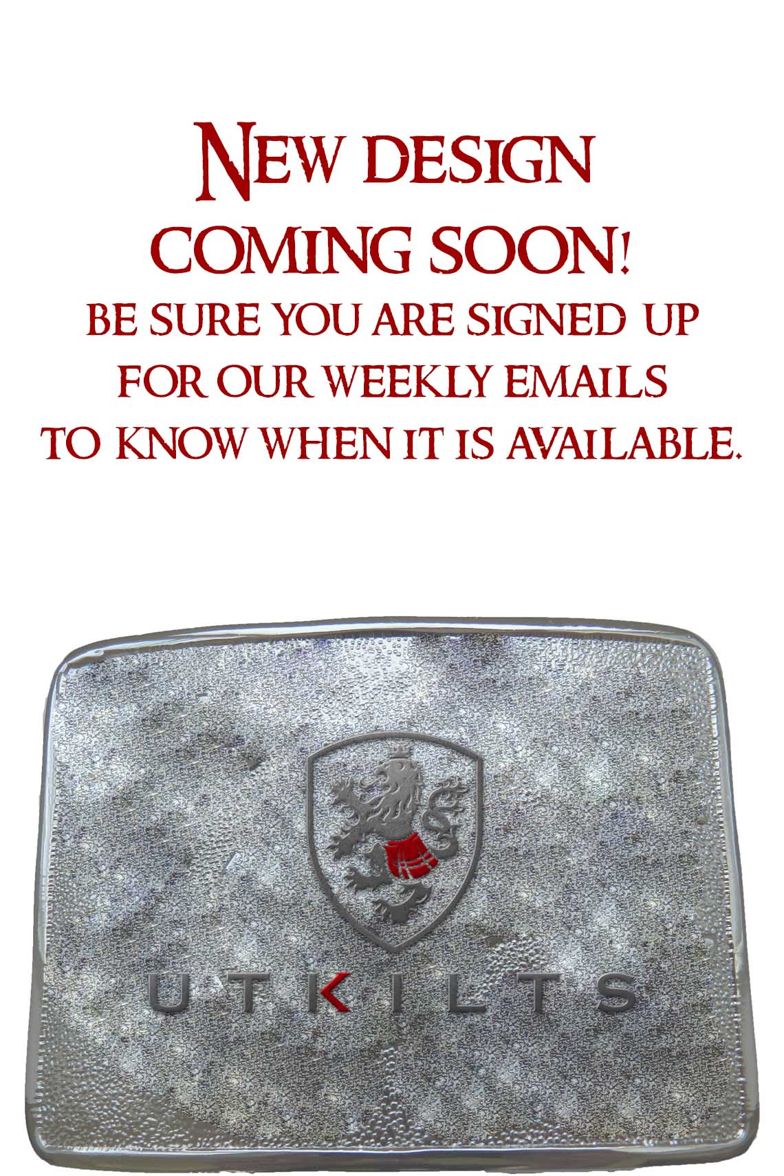 A sleek silver metal plate featuring the phrase "New Design Coming Soon," highlighting an upcoming product launch.