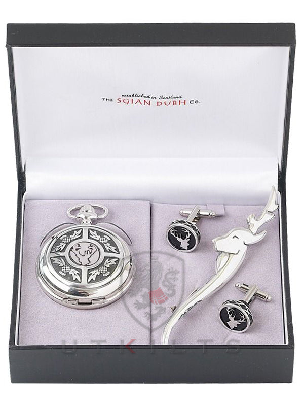 Stag Head 3 Piece Mechanical Pocket Watch Gift Set