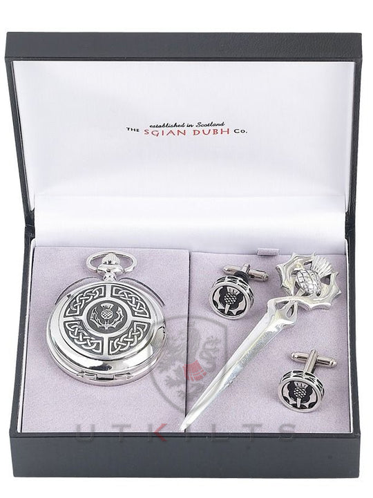 Scottish Thistle 3 Piece Mechanical Pocket Watch Gift Set