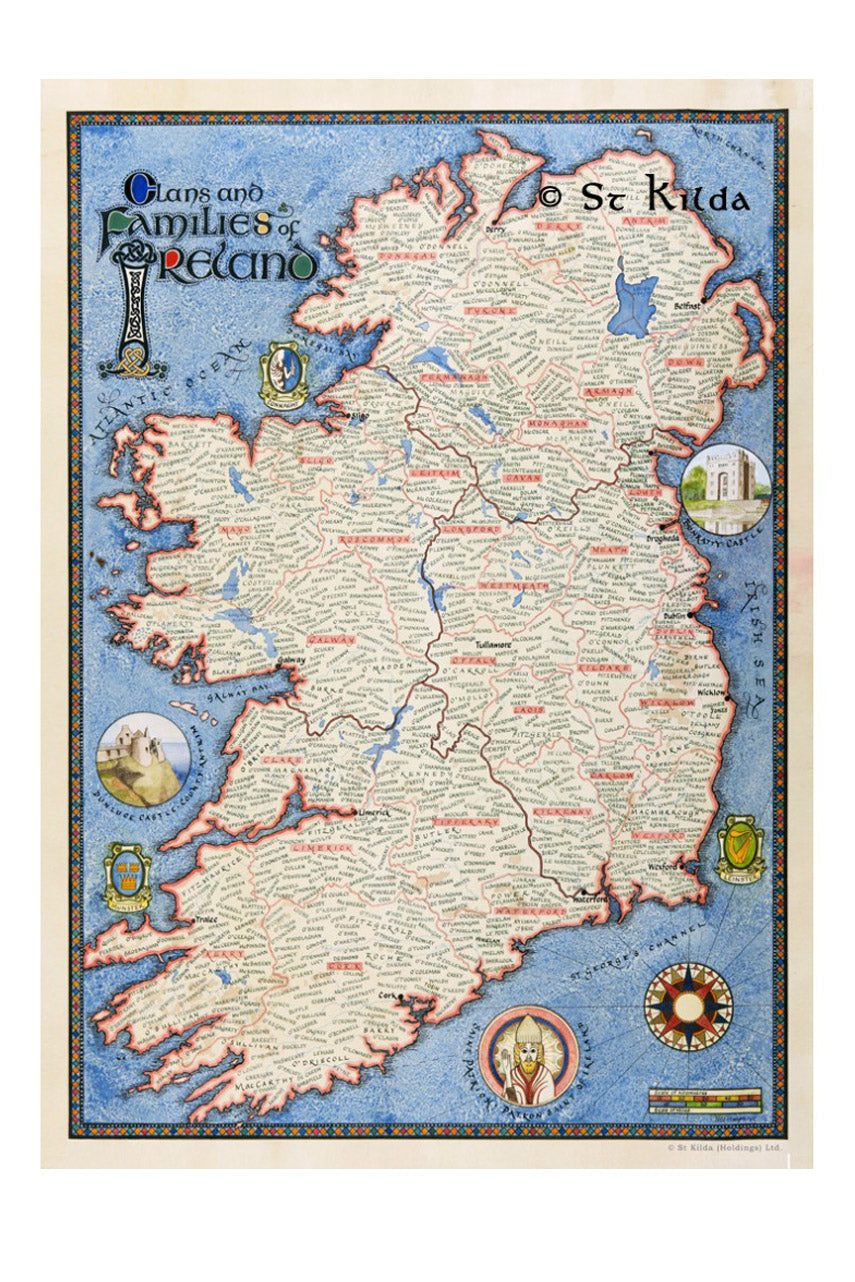 A comprehensive map of Ireland showcasing the counties' names, with a focus on the clans and families linked to each area.
