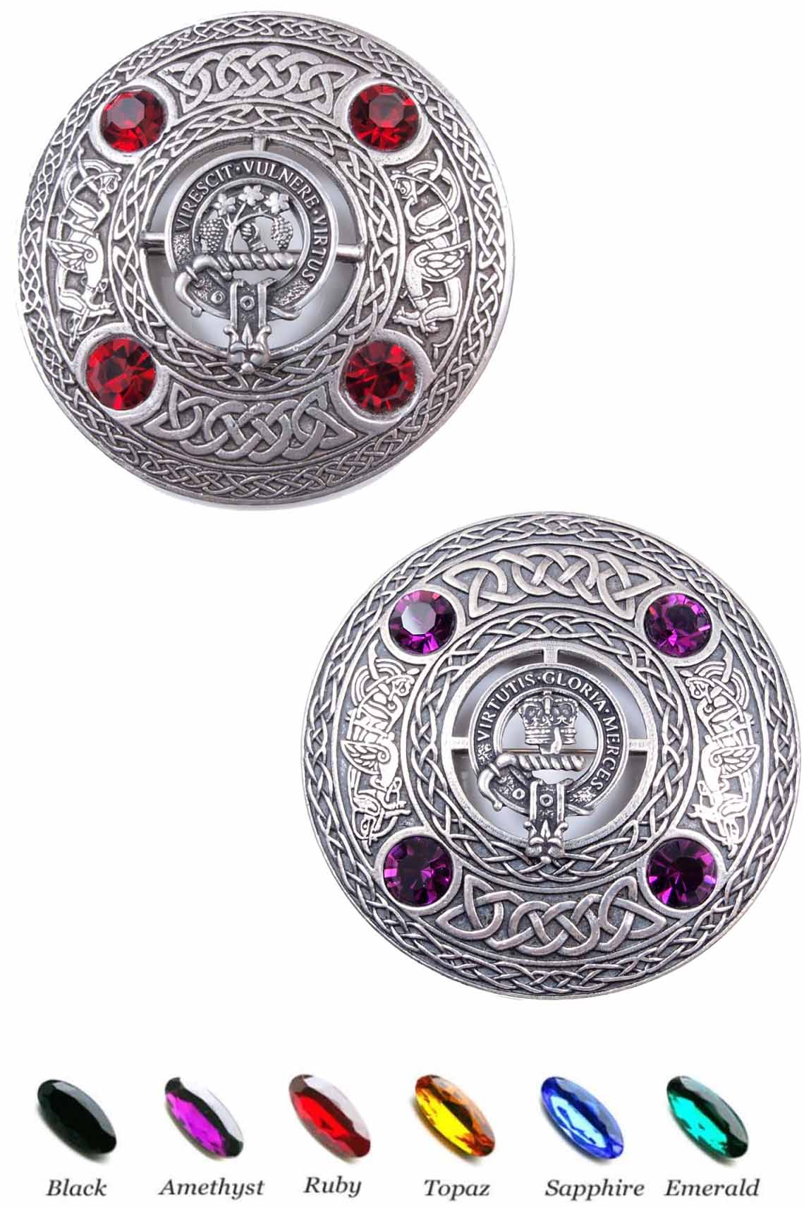 A vibrant Celtic belt buckle featuring multi-colored stones, representing a special order for premium Scottish clan crests.