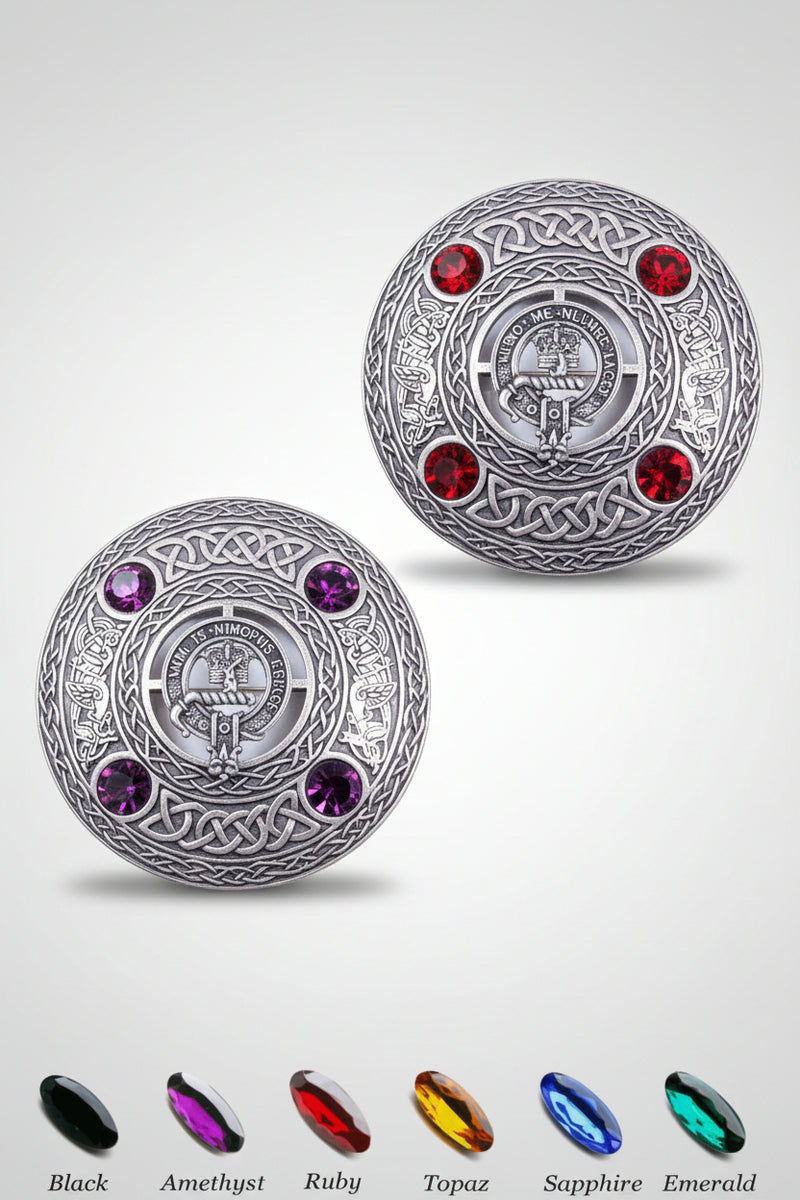 A vibrant Celtic belt buckle featuring multi-colored stones, representing a special order for premium Scottish clan crests.